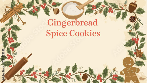 Christmas gingerbread spice cookies with holly and cinnamon