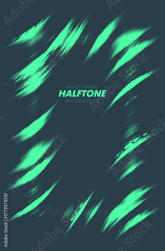 Abstract vector torn halftone fluid wavy rectangle frame. Scratched dotted pop art dynamic frame.