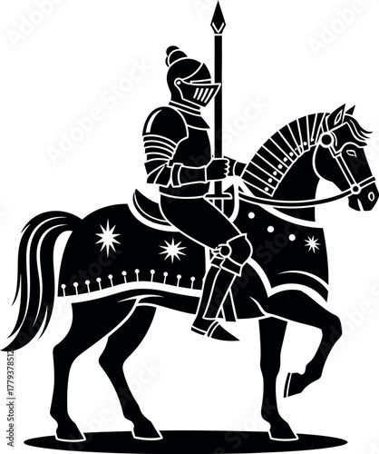 Silhouette of a medieval knight in full armor riding a horse with a lance