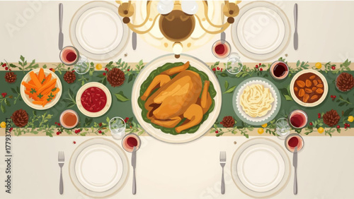 Overhead view of a festive holiday dinner table with a roasted turkey and side dishes