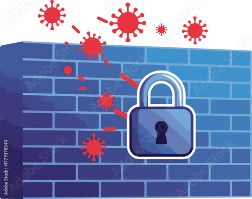 Firewall with a padlock symbolizing protection and security against a virus or malware attack.