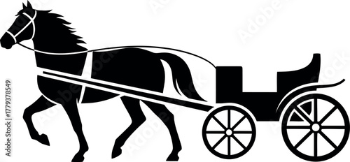 Silhouette of a majestic horse pulling a vintage carriage on a white background