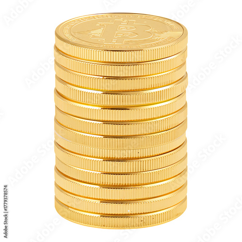 Stack of Golden Bitcoin Coins Arranged Neatly on a White Background for Crypt...