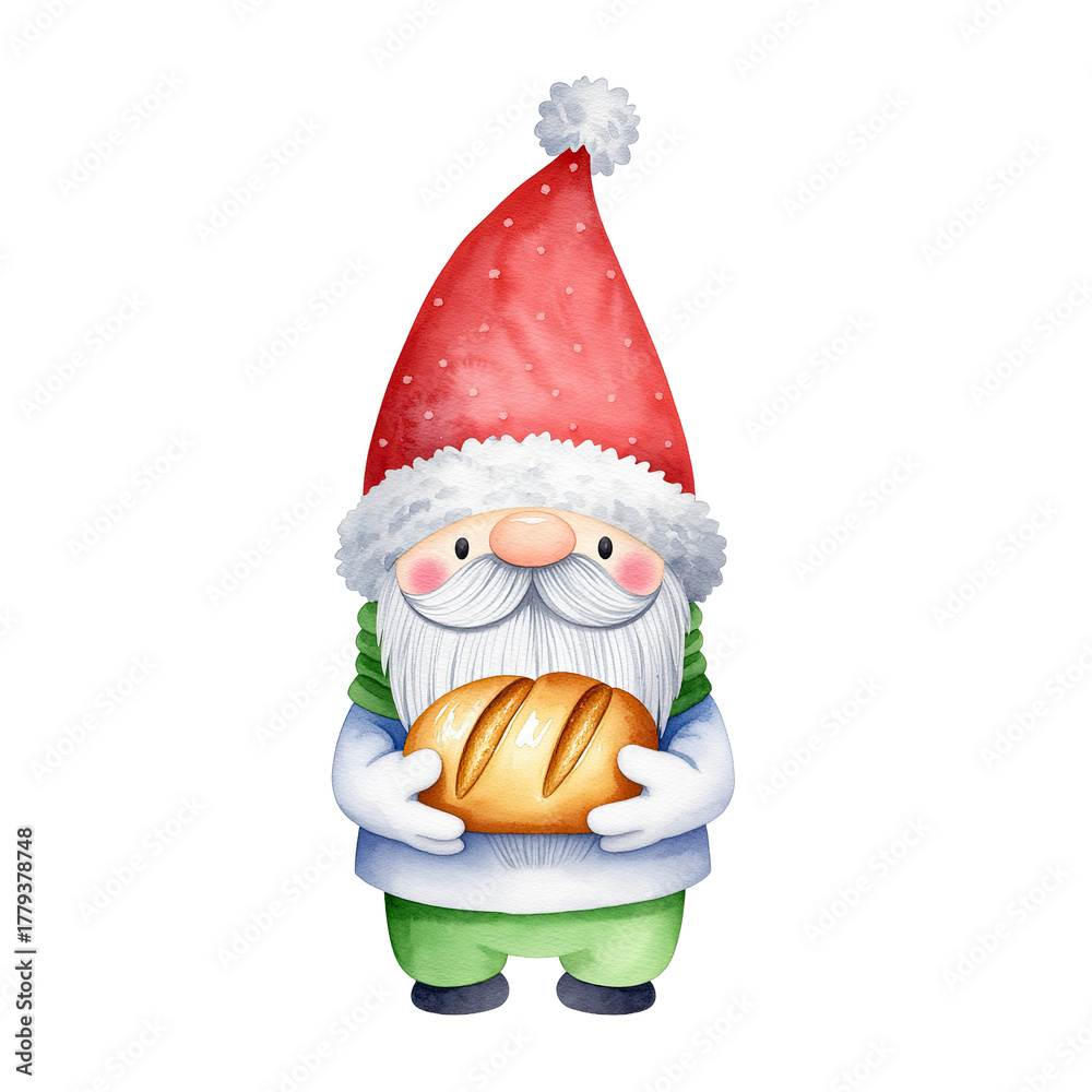 Fototapeta premium Cheerful gnome holding a pie, whimsical garden character with glasses and a red hat, perfect for holiday greeting themes. Isolated on white background or PNG