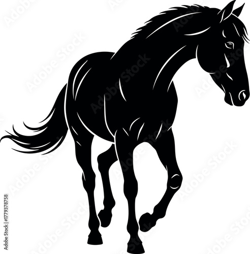 Elegant black horse silhouette in motion against a white background