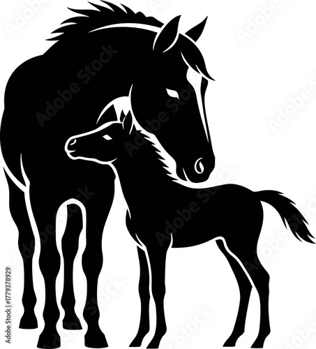 Silhouette of a mother horse standing protectively beside her young foal against a white background