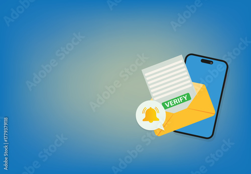 Mobile phone with a bell notification and verify mail. .Reminder on smartphone screen New message notification
