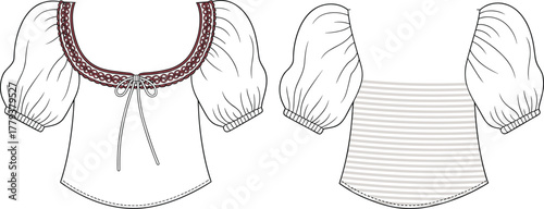 Cropped blouse technical fashion sketch, scoop neckline with lace trim, puff sleeves with gathered cuffs, bow detail, shirred back panel, garment construction vector illustration