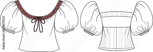 Cropped blouse technical fashion sketch, scoop neckline with lace trim, puff sleeves with cuffs, bow detail, fitted silhouette, garment construction vector illustration