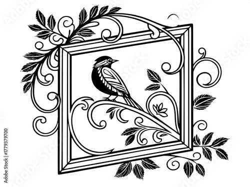 A classical engraving-style artwork showing a square picture frame richly decorated with scrolls, leaves, and floral ornamentation. The illustration is highly detailed, evenly lit, and composed with s