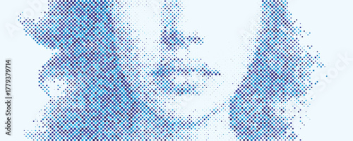 Abstract Close Up Blue Face Using Gradient Halftone Squares Pixel Texture. Halftone Portrait of Artificial Intelligence, Ai. Big Data, Futuristic Data Flow, Smart Technology Visualization. Tech Vector