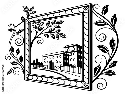 A classical engraving-style artwork showing a square picture frame richly decorated with scrolls, leaves, and floral ornamentation. The illustration is highly detailed, evenly lit, and composed with s