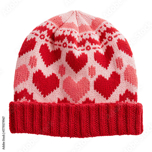 Warm Winter Hat With Heart Patterns in Shades of Red and Pink for Cozy Seasons