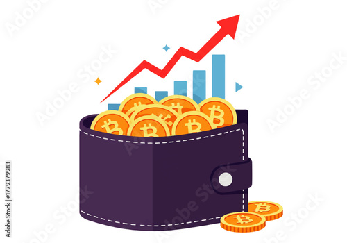 Wallet full of bitcoins with an upward trending graph in the background.