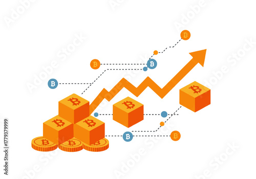 Bitcoin growth illustration with cubes, coins, and an upward trending arrow.