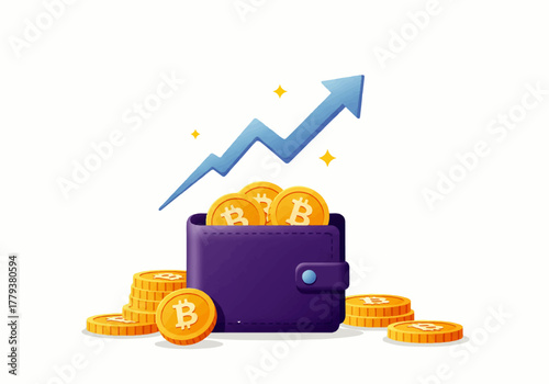Bitcoin wallet with rising arrow, indicating growth and investment.
