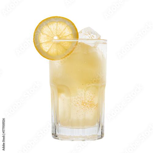 Refreshing Sparkling Drink With Lemon Slice and Ice Cubes in a Clear Glass.
