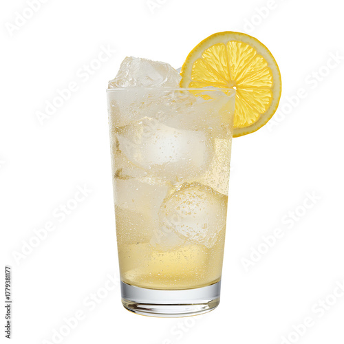 Refreshing Sparkling Drink With Lemon Slice and Ice Cubes in a Clear Glass