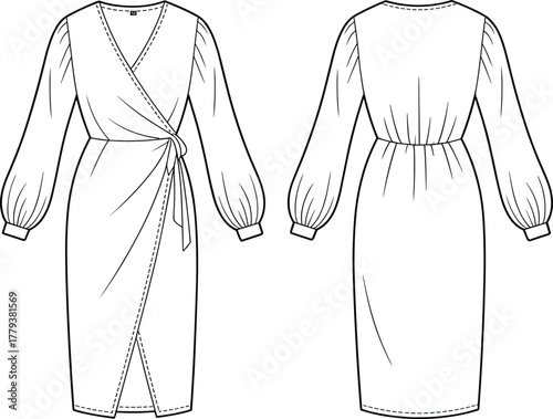 Wrap dress technical fashion sketch, V-neckline, bishop sleeves with cuffs, gathered waist, asymmetrical hem, front and back views, garment construction vector illustration