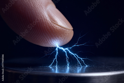 Closeup macro of a human finger generating static electric sparks discharge on a metal surface in a dark environment, concept for electricity and static charge