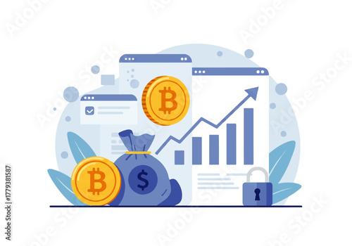 Bitcoin investment growth illustration with coins, bag, chart, and security lock.
