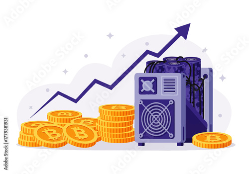 Bitcoin mining illustration with coins, mining rig and an upward trending arrow.