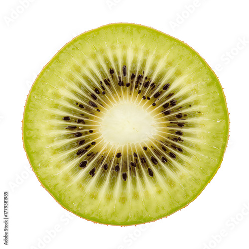 Fresh Kiwi Slice Showing Vibrant Green Flesh and Tiny Black Seeds on a White ...