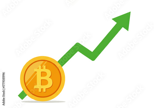 Bitcoin value growth illustration with a green arrow pointing upwards.