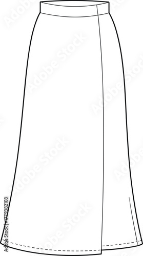 A-line skirt technical fashion sketch, fitted waistband, center seam, flared silhouette, hem guide detail, garment construction vector illustration