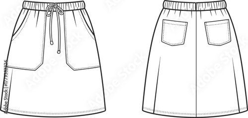 Casual skirt technical fashion sketch, elastic waistband with drawstring, patch pockets, curved hem with topstitching, front and back views, garment construction vector illustration