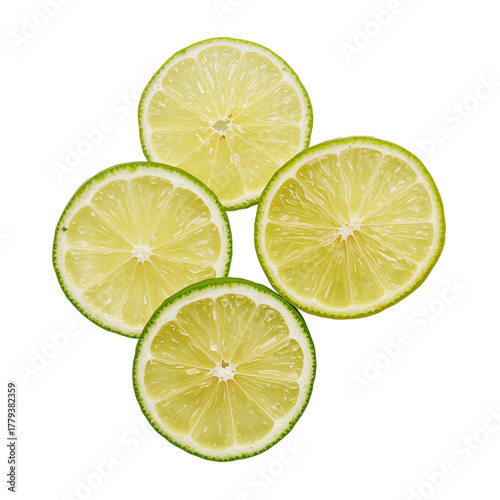 Fresh Lime Slices Arranged Neatly on a White Surface for Culinary Use and Dec...