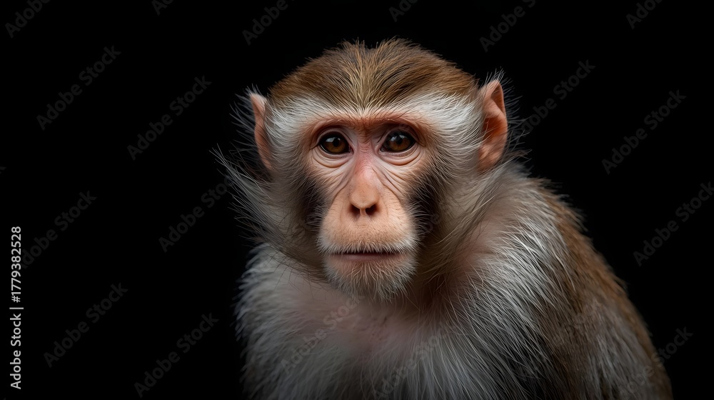 Obraz premium Contemplative Monkey Portrait: A close-up of a monkey, gaze directly at the camera. The animal is captured against a black backdrop, accentuating its features and capturing a sense of introspection.