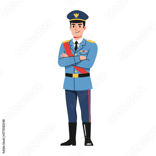 Man in light blue military uniform with red sash and dark blue pants standing with arms crossed against black background