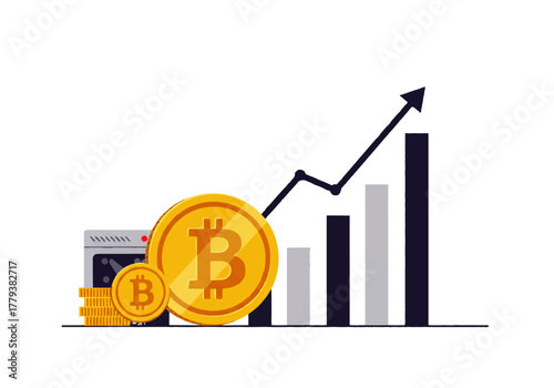 Bitcoin growth illustration with coins, graph, and crypto mining machine.