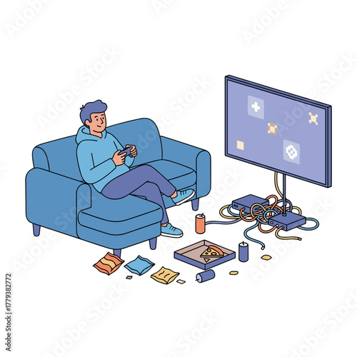 Man Sitting On Blue Couch Playing Video Games On Television Screen With Intense Focus Surrounded By Snacks And Drinks In A Living Room With Clean Flat Vector Art Style