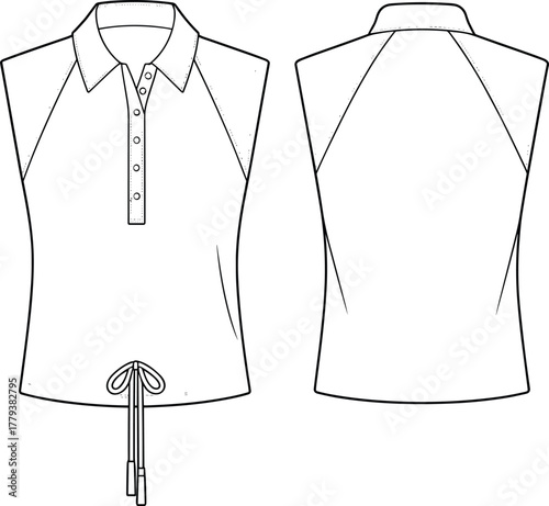 Sleeveless polo-style top technical fashion sketch, button-down front, drawstring hem, raglan armholes, structured collar, front and back views, garment construction vector illustration