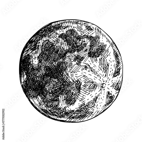 Hand drawn realistic full moon planet with craters in retro style. Detailed monochrome vector illustration. Engraving sketch style. Ink creative moon logo design for t-shirt print, banner or poster