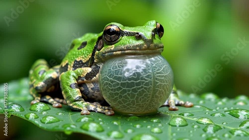 Macro photograph of a vibrant green tree frog croaking with an inflated vocal sac while sitting on a wet leaf with raindrops