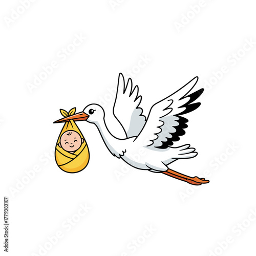 Joyful stork flying with baby bundle in beak against clean white background vector illustration flat design