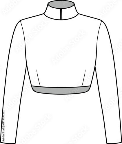 Long-sleeved top technical fashion sketch, mock neck with center slit, princess seams, contrast hem and collar, front view, garment construction vector illustration