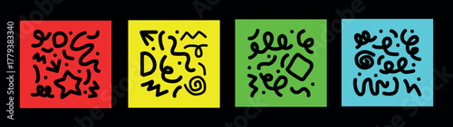 Seamless Black Geometric Pattern with Colorful Box  Square Background – Trendy Hipster Memphis Style Abstract Design for Prints, Packaging, Textiles & Digital Projects