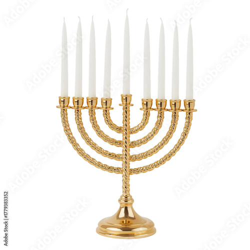Menorah With White Candles on Display for a Festive Celebration During Hanukk...
