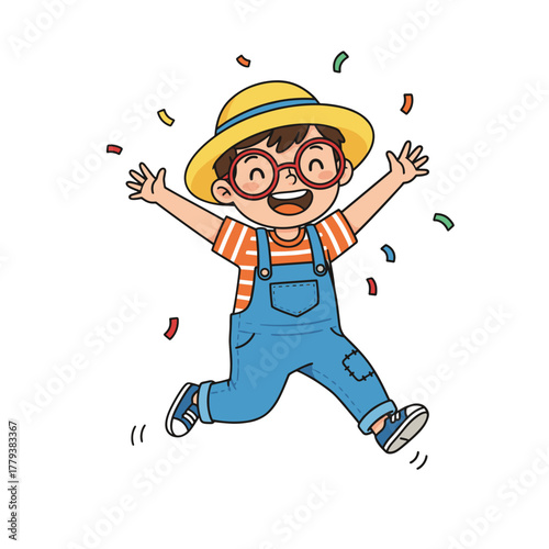 Joyful Young Boy With Glasses And Straw Hat In Overalls Jumping With Arms Raised In Celebration Surrounded By Colorful Confetti On A Black Background