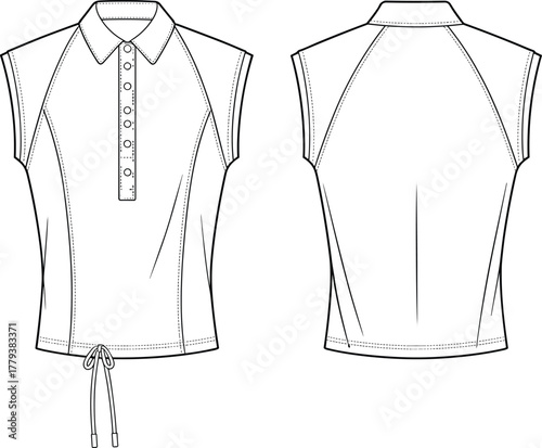Sleeveless polo shirt technical fashion sketch, button-down front, drawstring hem, fitted silhouette, seam detailing, front and back views, garment construction vector illustration