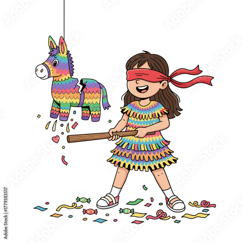 Joyful young girl wearing a colorful fringed dress and blindfold plays pinata with a stick outdoors on a bright day colorful confetti falling around her as she swings.