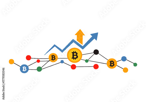 Bitcoin network with upward trend line and arrow indicating growth.