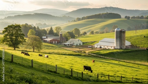 Cows grazing in green pasture on an organic dairy farm