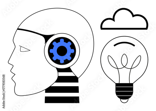 Profile of a stylized human head with a blue gear inside, light bulb symbolizing ideas, and cloud hinting at innovation. Ideal for creativity, technology, problem-solving, strategy, brainstorming