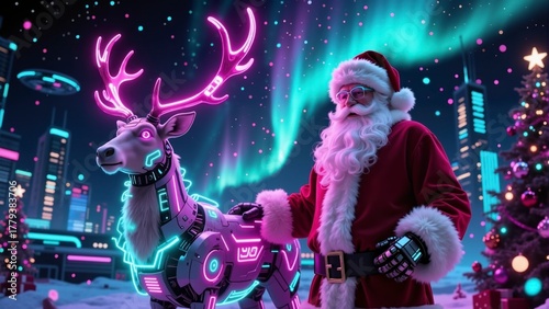 Futuristic Santa Claus in classic red suit with robotic gloves, standing next to a neon cyber reindeer with glowing antlers, against a backdrop of snowy cityscape, Christmas tree, and northern lights.