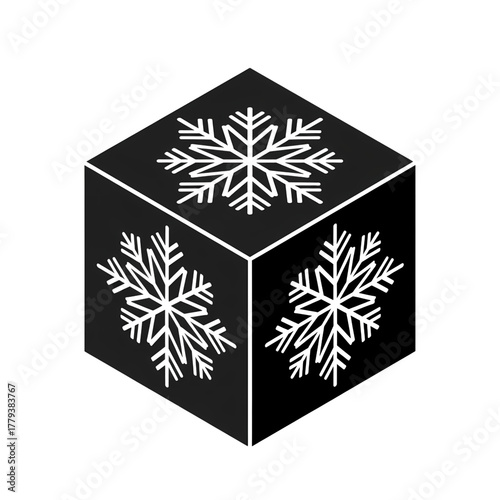 Modern cube design adorned with elegant white snowflakes, perfect for winter branding and festive holiday concepts.